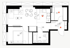 Планировка однокомнатной(квартира) площадью 43 квадратных метров в “ЖК Плеханова 11”