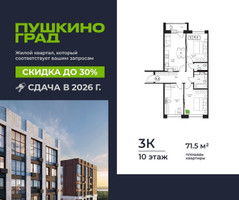 Планировка трехкомнатной(квартира) площадью 71.5 квадратных метров в “ЖК Пушкино Град”