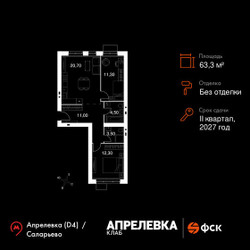 Планировка трехкомнатной(квартира) площадью 63.3 квадратных метров в ЖК “Апрелевка Клаб”