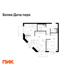 Планировка двухкомнатной(квартира) площадью 52.3 квадратных метров в ЖК “ЖК Белая Дача парк”