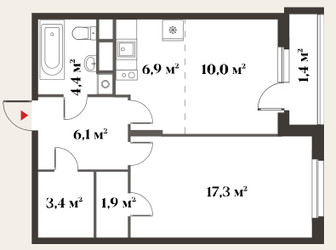 Планировка двухкомнатной(квартира) площадью 51.4 квадратных метров в ЖК “ЖК Миниполис Восемь кленов”
