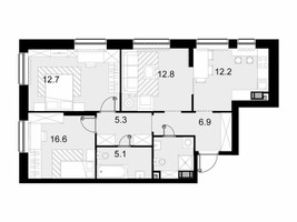 Планировка трехкомнатной(квартира) площадью 74.8 квадратных метров в “ЖК Трилогия Кристалл”