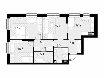 Планировка трехкомнатной(квартира) площадью 74.8 квадратных метров в ЖК “ЖК Трилогия Кристалл”