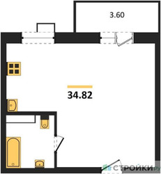 Планировка однокомнатной(квартира) площадью 34.82 квадратных метров в ЖК “ЖК Радость (Радумля Парк)”