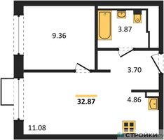 Планировка однокомнатной(квартира) площадью 32.87 квадратных метров в “ЖК Молжаниново”