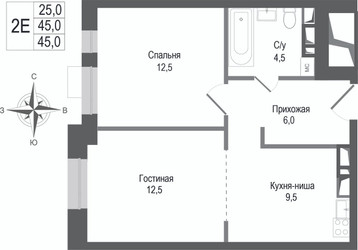 Планировка двухкомнатной(квартира) площадью 45 квадратных метров в ЖК “ЖК КИНОКВАРТАЛ”