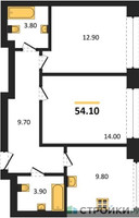 Планировка двухкомнатной(квартира) площадью 54.1 квадратных метров в “ЖК Архитектурный проект RAKURS (Ракурс)”