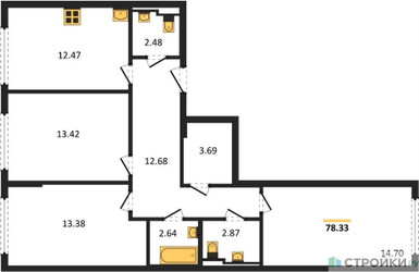 Планировка трехкомнатной(квартира) площадью 78.33 квадратных метров в ЖК “ЖК Остафьево”