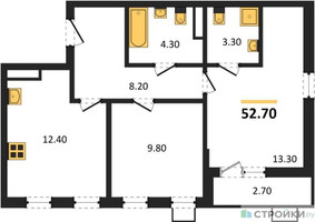 Планировка двухкомнатной(квартира) площадью 52.7 квадратных метров в “ЖК Деснаречье”