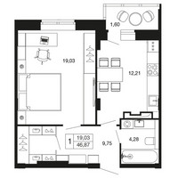 Планировка однокомнатной(квартира) площадью 46.9 квадратных метров в “ЖК Времена года”