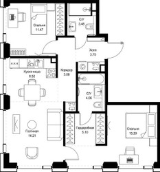 Планировка двухкомнатной(квартира) площадью 70.91 квадратных метров в ЖК “ЖК СЕТ”
