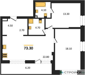 Планировка двухкомнатной(квартира) площадью 73.3 квадратных метров в ЖК “ЖК СТОУН Райз”