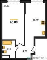 Планировка однокомнатной(квартира) площадью 40.8 квадратных метров в “ЖК Прокшино”