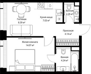 Планировка однокомнатной(квартира) площадью 40.13 квадратных метров в ЖК “ЖК Веер”