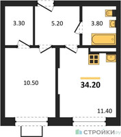 Планировка однокомнатной(квартира) площадью 34.2 квадратных метров в “ЖК Видный берег 2”