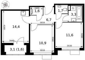 Планировка двухкомнатной(квартира) площадью 51.8 квадратных метров в ЖК “ЖК 1-й Саларьевский (Первый Саларьевский)”