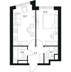 Планировка однокомнатной(квартира) площадью 41.8 квадратных метров в ЖК “ЖК Нексус от Аквилон”
