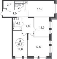 Планировка трехкомнатной(квартира) площадью 87.6 квадратных метров в “ЖК Первый Московский”