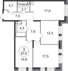 Планировка трехкомнатной(квартира) площадью 87.6 квадратных метров в ЖК “ЖК Первый Московский”