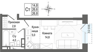Планировка студии(квартира) площадью 26.6 квадратных метров в “ЖК КИНОКВАРТАЛ”