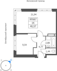 Планировка однокомнатной(апартаменты) площадью 40.57 квадратных метров в ЖК “ЖК Волковская 67”