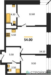 Планировка двухкомнатной(квартира) площадью 54 квадратных метров в ЖК “ЖК Пушкино Град”