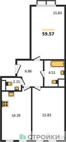 Планировка двухкомнатной(квартира) площадью 59.57 квадратных метров в “ЖК Движение. Говорово”