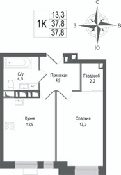 Планировка однокомнатной(квартира) площадью 37.8 квадратных метров в ЖК “ЖК КИНОКВАРТАЛ”