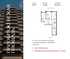 Планировка трехкомнатной(квартира) площадью 94.2 квадратных метров в “ЖК Преображенская Площадь”