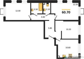 Планировка трехкомнатной(квартира) площадью 60.7 квадратных метров в “ЖК Лучи-2”