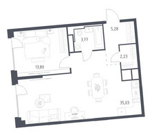 Планировка однокомнатной(квартира) площадью 60.11 квадратных метров в “ЖК Квартал на воде (Графика на воде)”