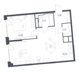 Планировка однокомнатной(квартира) площадью 60.11 квадратных метров в ЖК “ЖК Квартал на воде (Графика на воде)”