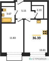 Планировка однокомнатной(квартира) площадью 36.39 квадратных метров в “ЖК Новоград Павлино”