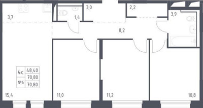 Планировка трехкомнатной (квартира) площадью 70.8 квадратных метров в ЖК “Молжаниново”