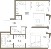 Планировка однокомнатной(квартира) площадью 52.7 квадратных метров в “ЖК Северный порт. Береговые кварталы”