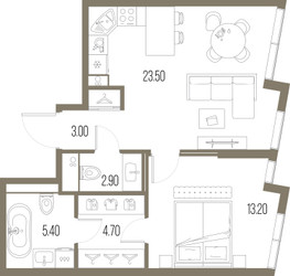 Планировка однокомнатной(квартира) площадью 52.7 квадратных метров в ЖК “ЖК Северный порт. Береговые кварталы”