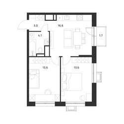 Планировка двухкомнатной(квартира) площадью 51.4 квадратных метров в ЖК “ЖК Форевиль”