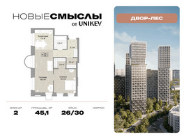 Планировка двухкомнатной(квартира) площадью 45.1 квадратных метров в “ЖК Новые смыслы”