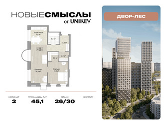 Планировка двухкомнатной(квартира) площадью 45.1 квадратных метров в ЖК “ЖК Новые смыслы”