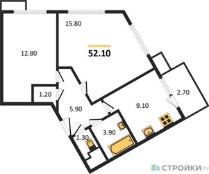 Планировка двухкомнатной(квартира) площадью 52.1 квадратных метров в ЖК “ЖК Датский Квартал”