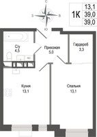 Планировка однокомнатной(квартира) площадью 39 квадратных метров в “ЖК КИНОКВАРТАЛ”