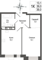 Планировка однокомнатной(квартира) площадью 39 квадратных метров в ЖК “ЖК КИНОКВАРТАЛ”