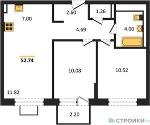 Планировка двухкомнатной(квартира) площадью 52.74 квадратных метров в ЖК “ЖК Богдановский Лес”