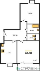 Планировка двухкомнатной(квартира) площадью 63.9 квадратных метров в ЖК “ЖК Римский”