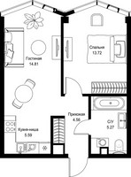 Планировка однокомнатной(квартира) площадью 43.95 квадратных метров в “Дом премиум-класса МИРА”
