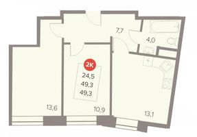 Планировка двухкомнатной(квартира) площадью 49.3 квадратных метров в “ЖК Отлично”