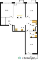 Планировка трехкомнатной(квартира) площадью 80.7 квадратных метров в “ЖК Скандинавия”