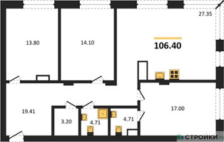 Планировка трехкомнатной(квартира) площадью 106.4 квадратных метров в “ЖК Vnukovo Country Club (Внуково Кантри Клаб)”