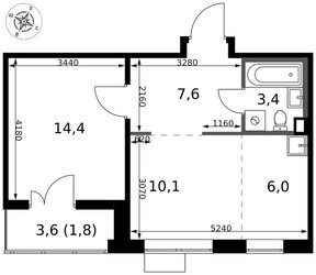Планировка двухкомнатной(квартира) площадью 43.3 квадратных метров в ЖК “ЖК 1-й Саларьевский (Первый Саларьевский)”