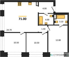 Планировка трехкомнатной(квартира) площадью 71 квадратных метров в “ЖК Wave (Вейв)”